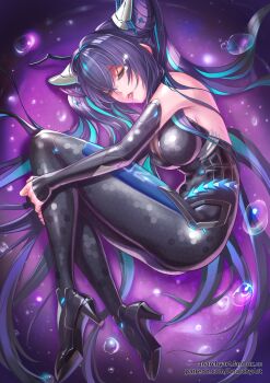 Rule 34 | 1girl, absurdres, anarchyart, aqua hair, bare shoulders, black bodysuit, black hair, blue hair, bodysuit, breasts, cleavage, colored inner hair, gloves, goddess of victory: nikke, hair intakes, halterneck, highres, large breasts, little mermaid (nikke), long hair, looking at viewer, multicolored hair, solo, twintails