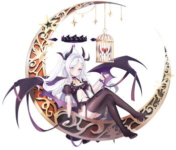 1girl absurdres ahoge alternate_costume birdcage black_shoes black_thighhighs blue_archive blush cage crescent crossed_legs demon_horns demon_wings detached_sleeves full_body hair_intakes hair_ornament hairclip halo hashtag-only_commentary heart highres hina_(blue_archive) horns jewelry long_hair looking_at_viewer multiple_horns navel necklace puffy_short_sleeves puffy_sleeves purple_eyes purple_wings rinringyo see-through_clothes see-through_sleeves shoes short_sleeves simple_background sitting solo star_(symbol) thighhighs white_background white_hair wings
