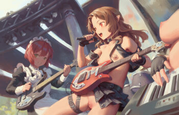 3girls bigrbear black_collar black_gloves breasts brown_hair cleft_of_venus collar crop_top electric_guitar fingerless_gloves gloves green_eyes guitar highres holding holding_microphone instrument keyboard_(instrument) layered_skirt long_hair maid maid_headdress medium_breasts microphone multiple_girls nipple_piercing nipple_rings nipples open_mouth ophelia_(bigrbear) original piercing pointy_ears pussy red_eyes red_hair revealing_clothes ring_piercing short_hair skirt thigh_strap uncensored