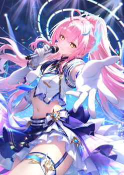 1girl absurdres aemeath_(wuthering_waves) ahoge asymmetrical_gloves blue_neckerchief breasts chinese_commentary commentary cowboy_shot crop_top elbow_gloves english_commentary gloves hair_intakes hair_ornament highres holding holding_microphone idol indoors jacket kuroida looking_at_viewer medium_breasts microphone mixed-language_commentary multilingual_commentary navel neckerchief orange_eyes outstretched_arm parted_lips pink_hair ponytail shirt single_elbow_glove skirt smile solo star-shaped_pupils star_(symbol) stomach symbol-shaped_pupils uneven_gloves white_gloves white_jacket white_shirt white_skirt wuthering_waves