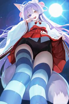 1girl :d absurdres ahoge animal_ear_fluff animal_ears bike_shorts bike_shorts_under_skirt blue_eyes blue_sky bow center-flap_bangs dress feet_out_of_frame foreshortening fox_ears fox_girl fox_tail full_moon hair_intakes hakama hakama_skirt hand_up hashtag-only_commentary heterochromia highres japanese_clothes kosode long_hair looking_at_viewer looking_down moon night open_mouth orange_eyes orn outdoors pleated_skirt purple_dress red_bow red_skirt shirt skirt skirt_bow sky smile solo standing star_(sky) stellive straight_hair striped_clothes striped_thighhighs tail tenko_shibuki thighhighs upskirt virtual_youtuber white_shirt