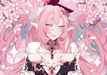 Rule 34 | 1girl, absurdres, black dress, breasts, cherry blossoms, cleavage, commentary, dress, elf, elysia (herrscher of human: ego) (honkai impact), elysia (honkai impact), elysia (peachy spring) (honkai impact), floral background, flower, four-finger heart hands, hair flower, hair ornament, heart, heart hands, highres, honkai (series), honkai impact 3rd, large breasts, looking at viewer, official alternate costume, pink hair, pointy ears, pristinemori, smile, solo, untranslatable commentary, upper body