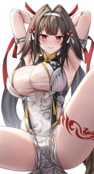 Rule 34 | 1girl, absurdres, arm behind head, armpits, arms behind head, arms up, blush, breasts, brown hair, chien zero, china dress, chinese clothes, closed mouth, commentary, dress, hair intakes, hair ornament, hair spread out, hairband, highres, impossible clothes, large breasts, leg tattoo, long hair, looking at viewer, pelvic curtain, red eyes, revision, see-through cleavage, see-through clothes, simple background, smile, solo, spread legs, tassel, tattoo, thighs, very long hair, white background, white hairband, ye shunguang, zenless zone zero