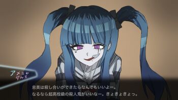 1girl amemiya_darumi black_bow black_hair blue_hair bow brown_background creator_connection crossover danganronpa_(series) danganronpa_v3:_killing_harmony ear_piercing earrings eyelashes face_piercing hair_bow heart highres interface japanese_text jewelry lip_piercing makeup open_mouth parody piercing runny_makeup simple_background smile the_hundred_line_-last_defense_academy- translation_request twintails upper_body user_interface