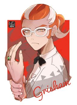 1boy black_bow black_bowtie bow bowtie closed_mouth cropped_torso glasses grisham_(pokemon) highres jewelry looking_at_viewer male_focus meme_(sleepsheep) multicolored_hair nintendo orange_eyes orange_hair pokemon pokemon_legends:_z-a ponytail ring shirt solo two-tone_hair white-framed_eyewear white_hair white_shirt
