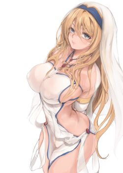 1girl absurdres arms_behind_back blonde_hair blue_eyes breasts bridal_gauntlets cameltoe covered_erect_nipples dress goblin_slayer! habit hair_between_eyes highres impossible_clothes jewelry large_breasts long_hair looking_at_viewer mamimi_(mamamimi) necklace no_bra no_panties sideless_outfit simple_background solo sword_maiden veil white_background white_dress white_veil