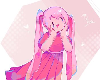 1girl :d bare_arms belt black_eyes blue_eyes border commentary_request dress frion622 hair_tie halftone halftone_background hands_on_own_cheeks hands_on_own_face hands_up heart long_hair multicolored_eyes mutantheart_(omori) omori open_mouth outline outside_border pink_background pink_belt pink_dress pink_hair pleated_dress puffy_short_sleeves puffy_sleeves short_sleeves simple_background smile solid_oval_eyes solo swept_bangs triangle_mouth twintails two-tone_eyes upper_body very_long_hair white_border white_outline