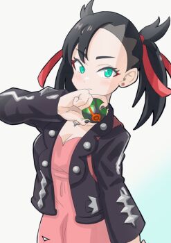 Rule 34 | 1girl, ahegao saikou, asymmetrical bangs, backpack, bag, black choker, black hair, black jacket, breasts, choker, cleavage, closed mouth, dress, dusk ball, green eyes, grey background, hair ribbon, hand up, highres, holding, holding poke ball, jacket, marnie (pokemon), nail polish, nintendo, pink dress, poke ball, pokemon, pokemon swsh, red ribbon, ribbon, simple background, small breasts, solo, twintails
