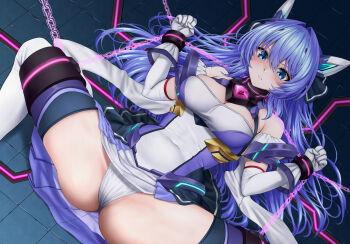1girl bare_shoulders bdsm blue_eyes blue_hair blush bondage bound breasts chain chained cleavage closed_mouth commentary_request commission covered_navel dress elbow_gloves exs-tia exs-tia_(exs-tia_3) gem gloves highres katsuragi_marina kouyoku_senki_exs-tia large_breasts leotard long_hair looking_at_viewer m_legs medium_breasts pleated_skirt purple_gem restrained skeb_commission skirt solo spread_legs thighhighs tile_floor tiles tks_(tksmk3) underwear white_gloves white_leotard wide_spread_legs