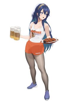 1girl alcohol bare_shoulders beer beer_mug blue_eyes blue_hair blue_shoes breasts brown_pantyhose carlo_montie chicken_(food) chicken_wing cleavage commission cup fire_emblem fire_emblem_awakening food full_body highres hooters long_hair lucina_(fire_emblem) mug nintendo open_mouth orange_shorts pantyhose shoes shorts sidelocks small_breasts solo tank_top tiara white_tank_top