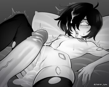 1boy 1girl after_vaginal aftersex artist_name bed bite_mark bite_mark_on_arm bite_mark_on_breast bite_mark_on_thigh blush breasts chainsaw_man cum cum_in_pussy cum_on_hair cum_pool cum_string feet_out_of_frame from_below hair_over_one_eye hetero loli lying mole mole_under_eye nayuta_(chainsaw_man) nipples nude on_back on_bed onikiki_san open_mouth penis ringed_eyes rolling_eyes short_hair small_breasts solo_focus teeth textless_version thighhighs tongue torn_clothes torn_thighhighs uncensored upper_teeth_only