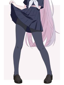 Rule 34 | 1girl, black serafuku, black shirt, black shoes, black skirt, blue archive, border, clothes lift, commentary request, crop top, crop top overhang, grey pantyhose, highres, lifting own clothes, loafers, long hair, lower body, neckerchief, no socks, outside border, pantyhose, partial commentary, pigeon-toed, pink background, pink hair, plana (blue archive), pleated skirt, school uniform, serafuku, shirt, shoes, simple background, skirt, skirt lift, solo, standing, starry mq, straight hair, variant set, very long hair, white border, white neckerchief
