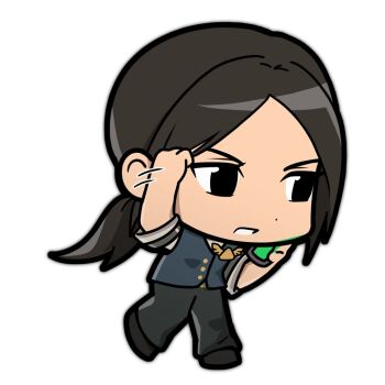1girl bare_arms black_eyes black_hair black_shoes blue_vest buttons chibi chibi_only clenched_teeth dispatcher_(tower_defense_simulator) dot_nose full_body grey_shirt hands_up holding holding_walkie-talkie long_hair looking_ahead low_ponytail no_pupils parted_bangs ponytail roblox ryoko6318 shirt shoes short_sleeves simple_background solo standing standing_on_one_leg teeth tower_defense_simulator v-shaped_eyebrows vest walkie-talkie white_background