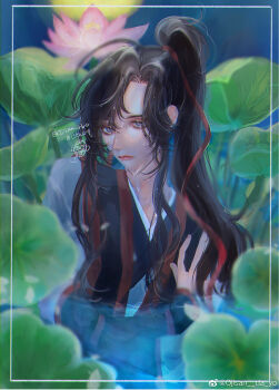 1boy absurdres ahoge bishounen black_hair black_hanfu chinese_clothes closed_mouth doodle_inset eyelashes flower full_moon grey_eyes grey_shirt hair_ribbon hanfu highres inset_border lily_pad long_hair long_sleeves looking_at_viewer lotus lotus_leaf male_focus modao_zushi moon night night_sky official_alternate_costume ojisan_rbt partially_submerged ponytail red_ribbon ribbon shirt sidelocks sky solo tunic twitter_username upper_body water watermark wei_wuxian wei_wuxian_(yunmeng_clan) weibo_watermark wet wet_hair