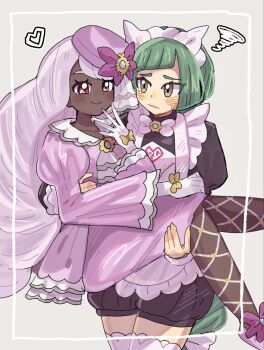2girls apron ascot black_romper blush braid braided_ponytail carrying closed_mouth dark-skinned_female dark_skin dress fascinator fishnet_pantyhose fishnets frilled_ascot frills gloves green_hair hair_ornament han0579 heart highres jacinthe_(pokemon) juliet_sleeves lebanne_(pokemon) long_hair long_sleeves low_drills maid maid_apron maid_headdress master_and_servant mega_stone multiple_girls nintendo pantyhose pokemon pokemon_legends:_z-a princess_carry puffy_sleeves purple_dress purple_eyes purple_hair romper smile thighhighs very_dark_skin white_gloves white_thighhighs yuri