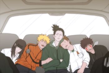 5boys absurdres akimichi_chouji anger_vein black_hair black_headband black_hoodie black_pantyhose blonde_hair brown_hair car_interior closed_eyes collared_shirt crossed_arms drooling facial_mark fat fat_man furrowed_brow gon012607 green_hoodie hair_between_eyes hair_tie headband highres holding_another&#039;s_arm hood hood_down hoodie hyuuga_neji inuzuka_kiba jacket leaning_on_person long_hair male_focus mouth_drool multiple_boys nara_shikamaru naruto_(series) open_mouth orange_jacket pantyhose parted_bangs ponytail shirt short_hair short_ponytail sleeping spiked_hair upper_body uzumaki_naruto whisker_markings white_shirt