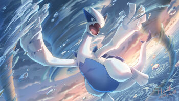 Rule 34 | black eyes, cloud, commentary request, fangs, flying, gen 2 pokemon, highres, hooh lin, legendary pokemon, lugia, nintendo, no humans, ocean, open mouth, pokemon, pokemon (creature), signature, sky, solo, twilight, water, water drop, whirlpool