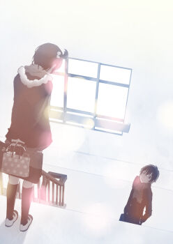 Rule 34 | 1boy, 1girl, arms behind back, bad id, bad pixiv id, bag, black hair, bloom, brown hair, corpse party, from behind, fur-trimmed hood, fur trim, glasses, hair bobbles, hair ornament, hand in pocket, highres, holding, holding bag, hood, jacket, long sleeves, looking down, morishige sakutarou, one side up, osomatsu (nanameno), plaid clothes, plaid scarf, scarf, school uniform, shoes, shopping bag, short hair, skirt, socks, sunlight, suzumoto mayu, uwabaki, window