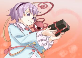1girl blouse blue_shirt blush buttons collar commentary_request from_below gift heart_button highres holding holding_gift komeiji_satori purple_eyes purple_hair sangiku shirt smile third_eye touhou white_collar wide_sleeves