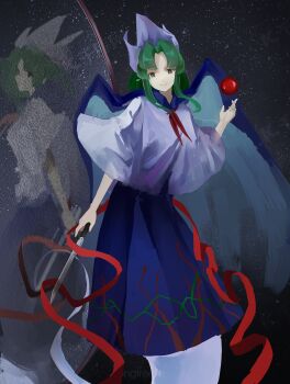 1girl absurdres acor blue_cape blue_sailor_collar cape capelet different_reflection dress ghost_tail green_eyes green_hair hair_intakes hat highly_responsive_to_prayers highres holding holding_knife knife long_hair looking_at_viewer mima_(touhou) mirror night night_sky red_ribbon reflection ribbon sailor_collar skirt sky smile solo star_(sky) touhou touhou_(pc-98) triangular_headpiece watermark white_capelet wings