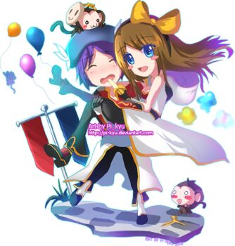 1boy 1girl balloon banana banana_peel banner black_gloves black_hairband black_pants black_shoes blue_eyes blush blush_stickers bow brown_hair carrying champion_(ragnarok_online) chibi chibi_only closed_eyes coat commentary english_commentary food fruit full_body gloves grass hair_bow hairband long_hair lowres mask mask_on_head monkey open_mouth pants pkyu princess_carry purple_hair ragnarok_online shoes short_hair sleeveless sleeveless_coat smile yellow_bow yoyo_(ragnarok_online)