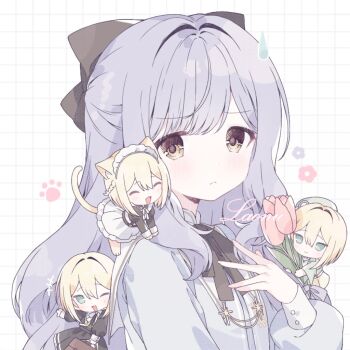 4girls animal_ears black_hair blonde_hair blue_hair cat_ears cat_girl cat_tail chibi closed_mouth commentary emma_grace_rosenthal flower green_eyes holding holding_flower jougasaki_suzuran kemonomimi_mode laonuaaaa long_hair long_sleeves maid maid_headdress multiple_girls multiple_persona one_eye_closed sidelocks skirt sweatdrop tail tayutau_koi_no_chirigiwa_ni tulip untranslatable_commentary white_skirt yellow_eyes