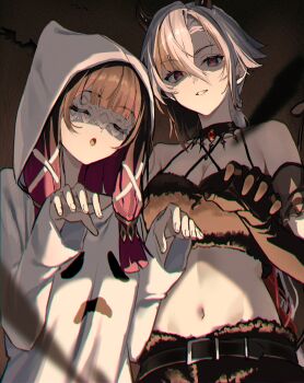 2girls arlecchino_(genshin_impact) bare_shoulders belt black_belt black_eyes black_hair blunt_bangs breasts cleavage closed_eyes columbina_(genshin_impact) crop_top demon_costume demon_horns eye_mask genshin_impact ghost_costume ghost_pose gloves gradient_hair hair_between_eyes halloween_costume highres hood hood_up horns long_hair looking_at_viewer mask midriff multicolored_hair multiple_girls nao_(naoooo_a) navel open_mouth parted_lips red_pupils stomach streaked_hair symbol-shaped_pupils white_hair x-shaped_pupils