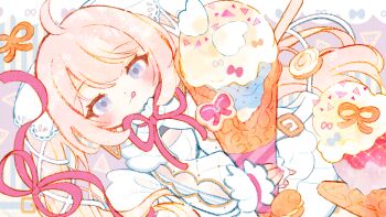 1girl :q ahoge blonde_hair blue_eyes borrowed_character closed_mouth commission deformed dessert dot_nose food highres holding holding_food holding_ice_cream ice_cream kappaman light_blush light_frown long_hair macaron nail_polish neck_ribbon original oversized_food oversized_object pastel_colors pink_ribbon ribbon second-party_source skeb_commission solo swept_bangs tongue tongue_out twintails very_long_hair white_footwear