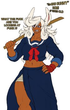 1girl boku_no_hero_academia breasts dark-skinned_female dark_skin franchico1994 highres large_breasts midriff muscular muscular_male original rabbit_girl tall_female usagiyama_romi_(franchico1994) white_hair