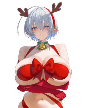 1girl absurdres anima_(togashi) antlers arms_under_breasts bell blue_eyes blush breasts cleavage commentary deer_antlers elbow_gloves elf fake_antlers gloves hair_between_eyes hair_ornament hairband highres horns huge_breasts mole mole_on_breast mole_under_eye naofilia_(anima) navel neck_bell original parted_lips pointy_ears red_gloves red_hairband short_hair simple_background skindentation smile solo symbol-only_commentary upper_body white_background white_hair