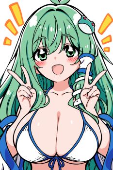 1girl :d ahoge antenna_hair bikini blush breasts chirisazame1 collarbone commentary_request detached_sleeves double_v frog_hair_ornament green_eyes green_hair hair_between_eyes hair_ornament hair_tubes hands_up highres kochiya_sanae large_breasts long_hair open_mouth single_hair_tube smile snake_hair_ornament solo swimsuit touhou upper_body v white_background white_bikini