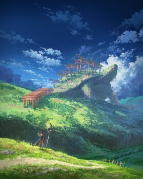 1girl animal bandaged_leg bandages blue_sky cape cloud commentary cyclecircle dress english_commentary facing_away fence grass hat highres holding holding_staff kono_subarashii_sekai_ni_shukufuku_wo! megumin multiple_torii nature outdoors oversized_animal path red_dress road scenery sky staff standing torii witch_hat