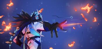 Rule 34 | 1boy, 2ven, back, blue hair, commentary, dottore (genshin impact), english commentary, feathers, fire, genshin impact, glitch, gloves, sky, wings