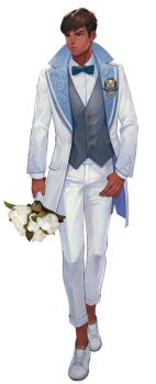 1boy artist_request black_survival blue_bow blue_bowtie bouquet bow bowtie brown_hair commentary english_commentary flower grey_eyes holding holding_bouquet official_art pants solo third-party_source transparent_background tuxedo vest white_flower white_pants william_benson