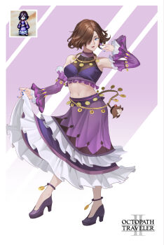 1girl anklet bare_shoulders blue_eyes blue_nails breasts brown_hair character_charm charm_(object) commentary_request copyright_name covered_collarbone crop_top dancer detached_sleeves earrings frilled_shirt frilled_skirt frilled_sleeves frills full_body hair_over_one_eye high_heels highres jewelry looking_at_viewer medium_breasts midriff nail_polish navel octopath_traveler octopath_traveler_ii one_eye_covered open_mouth photo_inset ptdoge purple_shirt purple_shoes purple_skirt purple_sleeves see-through_cleavage see-through_clothes shirt shoes short_hair skirt skirt_hold smile solo standing throne_anguis