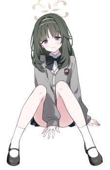 1girl absurdres arm_support between_legs black_bow black_bowtie black_shoes black_skirt blue_archive blue_eyes blush bow bowtie brown_halo buttons cardigan chinese_commentary closed_mouth collared_shirt commentary_request convenient_arm diagonal-striped_bow diagonal-striped_bowtie diagonal-striped_clothes full_body green_hair grey_cardigan hair_intakes halo hand_between_legs head_tilt highres jyt knees_up long_hair long_sleeves looking_at_viewer making-of_available mary_janes miniskirt partial_commentary puffy_long_sleeves puffy_sleeves shirt shoes sidelocks simple_background sitting skirt sleeves_past_wrists smile socks solo split_mouth straight-on striped_bow striped_bowtie striped_clothes tsumugi_(blue_archive) white_background white_shirt white_socks