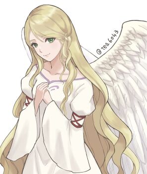 blonde_hair breasts closed_mouth collarbone dress feathered_wings fire_emblem fire_emblem:_path_of_radiance green_eyes highres leanne_(fire_emblem) long_sleeves looking_at_viewer medium_breasts nintendo own_hands_together smile solo striped_clothes tea6043 twitter_username vertical-striped_clothes white_background white_dress wide_sleeves wings