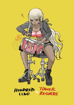 1girl absurdres black_boots black_jacket black_ribbon black_shoes black_shorts blonde_hair boots commentary copyright_name crop_top cropped_jacket drum drumsticks english_commentary grey_eyes highres holding holding_drumsticks instrument jacket kawana_tsubasa leather leather_jacket leather_shorts long_hair midriff mixed-language_commentary musical_note official_alternate_costume red_tube_top ribbon rj_octr shoes shorts sitting snare_drum solo stool strapless the_hundred_line_-last_defense_academy- tower_records tube_top tuning_instrument watermark yellow_background