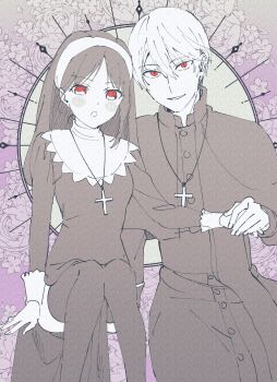 1boy 1girl absurdres black_dress black_thighhighs cross cross_necklace dress halloween halloween_costume highres jewelry kaguya-sama_wa_kokurasetai_~tensai-tachi_no_renai_zunousen~ long_hair looking_at_viewer necklace nun open_mouth priest shinomiya_kaguya shirogane_miyuki smile thighhighs yokoyama_honoka