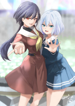 2girls absurdres aqua_eyes arm_around_shoulder artist_name bang_dream! black_hair blue_shirt blue_skirt blurry blurry_background blush breasts brown_dress commentary_request commission cowboy_shot crossover dated dress fingernails flower grey_hair hair_behind_ear hair_between_eyes hair_ornament hairclip hand_on_another&#039;s_shoulder hand_up hands_up hasu_no_sora_school_uniform highres jellyfish_cut katsuragi_izumi kurata_mashiro link!_like!_love_live! long_sleeves looking_at_viewer love_live! medium_breasts medium_hair miniskirt multiple_girls neckerchief open_hand open_mouth orange_eyes outdoors outstretched_arm parted_lips pixiv_commission pleated_skirt raised_eyebrows reaching reaching_towards_viewer sailor_collar sailor_dress school_uniform serafuku shindou_amane shirt side-by-side skirt slit_pupils standing striped_clothes striped_skirt triangle_hair_ornament tsukinomori_school_uniform urutsu_sahari voice_actor_connection white_flower white_sailor_collar winter_uniform yellow_neckerchief
