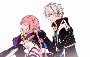 1boy 1girl black_coat black_gloves black_pants black_shrug blue_eyes braiding_another&#039;s_hair braiding_hair coat corset elf elysia_(honkai_impact) elysia_(miss_pink_elf)_(honkai_impact) gloves hairdressing highres honkai_(series) honkai_impact_3rd kevin_kaslana long_hair pants pink_hair pointy_ears short_hair shrug_(clothing) simple_background star_(zhongyan88528) very_long_hair white_background white_corset