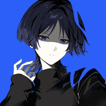 1boy absurdres alternate_costume black_hair black_shirt black_sleeves blue_background blue_eyes blunt_ends bright_pupils c_ixxp casual choppy_bangs closed_mouth contemporary expressionless eyelashes eyeliner eyeshadow fingernails genshin_impact hand_up hashtag-only_commentary head_tilt highres looking_at_viewer makeup male_focus open_hand pale_skin parted_bangs red_eyeliner red_eyeshadow scaramouche_(genshin_impact) shirt solo tsurime white_pupils