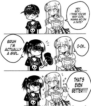 Rule 34 | 2girls, 3koma, bisexual female, bracelet, comic, corrupted twitter file, ear piercing, emo-girl (grs-), english text, greyscale, grs-, hat, highres, implied bisexual, jewelry, long hair, long sleeves, medium hair, monochrome, multiple girls, no mouth, o o, original, pastel-goth-girl (grs-), piercing, ponytail, reverse trap, short ponytail, skirt, sparkle, sparkling aura, spiked bracelet, spikes, yuri