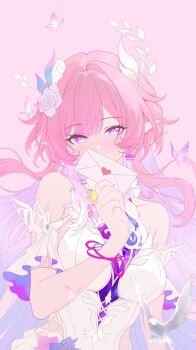1girl absurdres aqua_hair bare_shoulders blush breasts commentary_request cyrene_(honkai:_star_rail) cyrene_(ripples_of_past_reverie)_(honkai:_star_rail) diamond-shaped_pupils diamond_(shape) dress earrings flower hair_flower hair_ornament highres holding holding_letter honkai:_star_rail honkai_(series) jewelry kaerbin large_breasts letter long_hair looking_at_viewer multicolored_hair pink_background pink_hair pointy_ears purple_eyes solo symbol-shaped_pupils upper_body very_long_hair white_dress white_hair