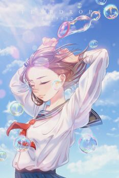 1girl above_clouds arm_behind_head arms_up artist_name blue_sailor_collar blue_skirt brown_hair bubble bubble_wand closed_eyes closed_mouth cloud commentary dated day english_commentary eyelashes from_side highres holding long_sleeves neckerchief original outdoors pleated_skirt red_neckerchief sailor_collar school_uniform serafuku shirt shirt_tucked_in short_hair skirt sky sleeve_cuffs solo sunlight teardrops_(user_vgvd7733) upper_body white_shirt wind