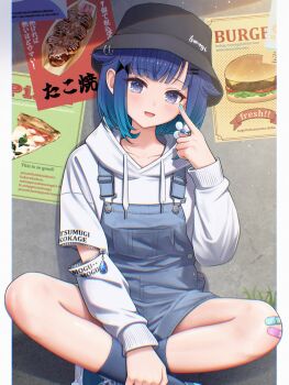 Rule 34 | 1girl, :d, bandaid, bandaid on knee, bandaid on leg, black hat, blue hair, blue overalls, blunt bangs, burger, character name, chromatic aberration, clothes writing, collarbone, commentary request, elbow cutout, flower, food, full body, hair flower, hair ornament, hairclip, hat, highres, hood, hood down, hoodie, light particles, long sleeves, looking at viewer, nov akk, open mouth, outside border, overall shorts, overalls, pillarboxed, pizza, pizza slice, pointing, pointing at self, poster (object), short hair, sleeve zipper, smile, solo, takoyaki, tsumugi kokage, virtual youtuber, vspo!, white flower, white hoodie