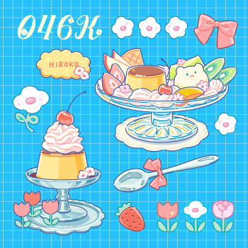 apple apple_slice artist_name blue_background bow candy cherry commentary_request cookie denim denim_shorts flower food food_focus fruit grid_background highres hiro046k kiwi_(fruit) kiwi_slice original pink_bow pink_flower plate pudding pudding_a_la_mode shorts spoon strawberry sweets tulip whipped_cream white_flower