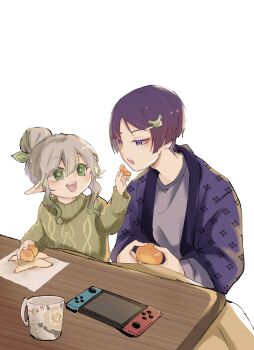 1boy 1girl adam&#039;s_apple alternate_costume alternate_hairstyle blunt_ends cable_knit contemporary cup eyelashes eyeliner eyeshadow feeding food fruit genshin_impact green_eyes green_hair green_sleeves green_sweater grey_shirt hair_between_eyes hair_bun hair_ornament hairclip half-closed_eyes half_crown_braid happi height_difference highres holding holding_food holding_fruit japanese_clothes kimono kotatsu leaf leaf_hair_ornament leaning_forward long_sleeves looking_at_food makeup mandarin_orange mug multicolored_hair nahida_(genshin_impact) neo_akasha_terminal niko_ko0 nintendo_switch open_mouth parted_bangs pointy_ears purple_eyes purple_hair purple_kimono red_eyeliner red_eyeshadow scaramouche_(genshin_impact) shirt short_hair short_hair_with_long_locks sidelocks single_hair_bun sitting sketch streaked_hair sweater table tareme teeth undershirt upper_teeth_only wavy_sidelocks white_hair white_sleeves