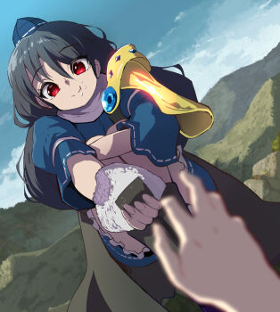 Rule 34 | 1girl, 1other, :t, armor, black hair, blue dress, blue hat, blue sky, blurry, blurry foreground, coat, commentary request, day, dress, dutch angle, eating, eyes visible through hair, floating, food, food on face, hair between eyes, hat, highres, holding, holding food, hugging own legs, iizunamaru megumu, incoming gift, knees up, long hair, looking at viewer, mountainous horizon, onigiri, outdoors, outstretched arm, pauldrons, pov, pov hands, puffy cheeks, red eyes, ribbon-trimmed sleeves, ribbon trim, short sleeves, shoulder armor, shoulder guard, single pauldron, sky, sleeveless, sleeveless coat, smile, split mouth, surcoat, syope, tengu, tokin hat, touhou