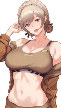 1girl absurdres adjusting_hair arm_behind_back arm_up armpit_crease black_ribbon bone_print bra braid breasts brown_bra brown_hair brown_jacket brown_shorts cleavage collarbone commentary_request crown_braid fur-trimmed_shorts fur_trim furen_e_lustario furen_e_lustario_(5th_costume) hair_ribbon hand_up head_tilt highres jacket large_breasts long_sleeves navel nijisanji off_shoulder open_clothes open_jacket open_mouth red_eyes ribbon shorts simple_background smile solo sports_bra stomach sugisita_0920 swept_bangs teeth underwear updo upper_teeth_only virtual_youtuber white_background